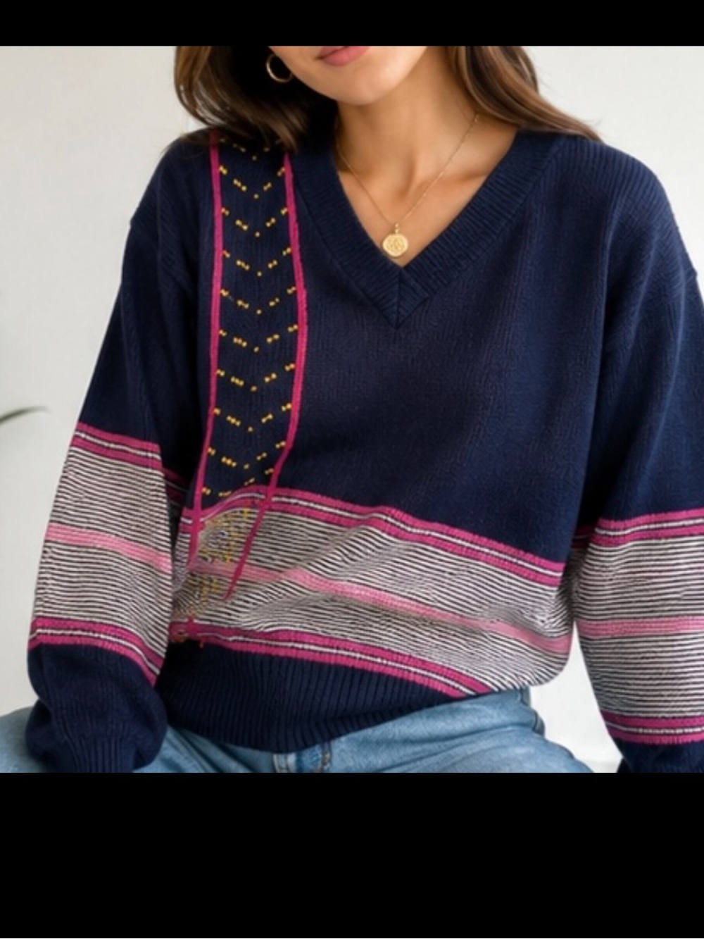 Vintage 80s 90s Navy Colorblock V-Neck Sweater | 100% Cotton Retro Knit